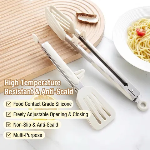 Pinzas De Cocina Silicona Y Acero Inoxidable Resistentes Al Calor Antiadherentes Clip De Bloqueo BBQ Steak Con Soporte