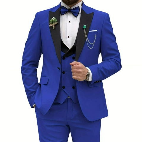Men Formal Business Suit Jacket Vest And Pants Peak Lapel Single Breasted Slim Fit Wedding Groom Banquet Polyester Elegant