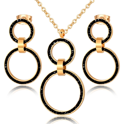Stainless Steel Roman Numerals Double Ring Rhinestone Necklace And Earrings For Women Minimalist Fashion Jewelry