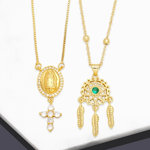 Vergine Maria Croce Acchiappasogni Pendente Collana Rame Placcato Oro Zircone Bohemien Gioielli Religiosi Donne