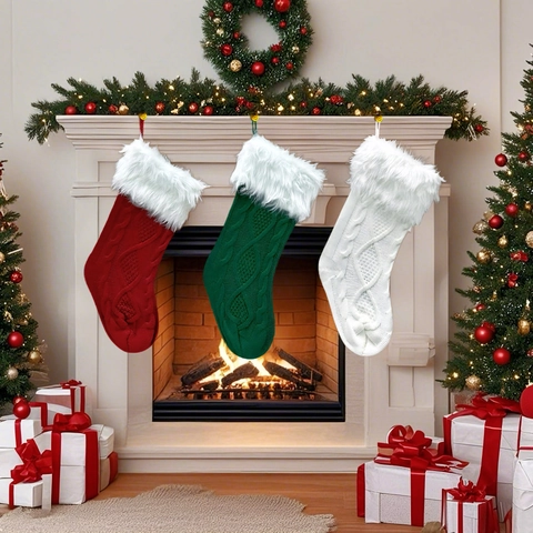 Calze Di Natale In Maglia Treccia Con Risvolto In Pelliccia Sintetica Decorazione Per Camino Festa Di Natale Da Appendere