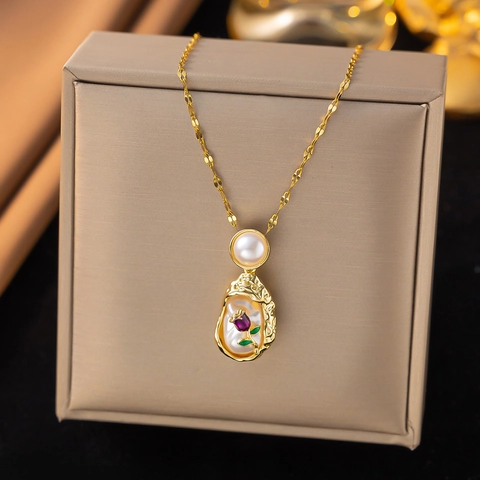 Vintage Stainless Steel Water Wave Chain Necklace With Artificial Baroque Pearl Flower Pendant For Women Fashion Jewelry