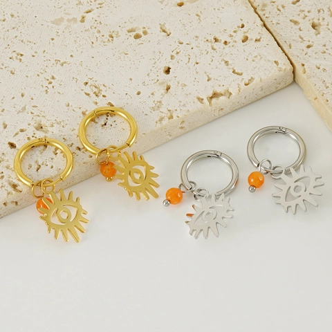 Pendientes De Aro De Ojo Turco Para Mujer Acero Inoxidable Chapado En Oro 18K Colgante Sol Hueco Con Piedra Natural