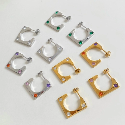 Square C-Shape Hoop Earrings Stainless Steel With Cubic Zirconia Geometric Simple Modern Daily Fashion Jewelry For Women