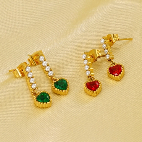 Heart Drop Earrings Plated 18K Gold Stainless Steel With Faux Artificial Pearl And Heart Zircon Vintage Elegant Style For Women