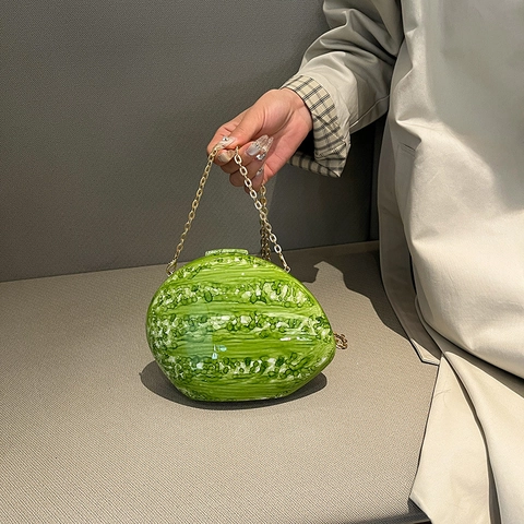 Evening Clutch Bag Acrylic Shell Marble Texture Watermelon Shape Gold Chain Crossbody Handbag For Women Party Dinner