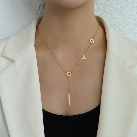 Titanium Stalen Y Lariat Ketting Verguld LOVE Letter Lange Staaf Hanger Minimalistische Elegante Sieraden Voor Dames