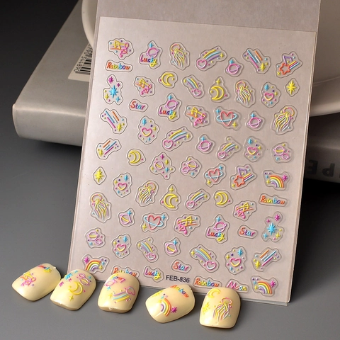 Adesivi Per Unghie Rilievo 5D Arcobaleno Stella Luna Medusa DIY Manicure Decorazione Per Donne Ragazze Impermeabile