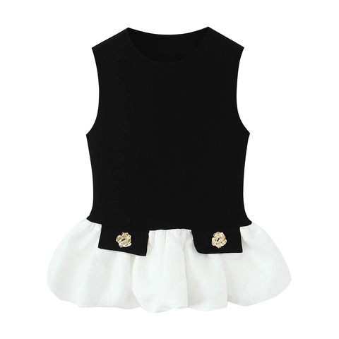 Damen Peplum Tank Top Strick Patchwork Schwarz Weiß Kontrast Volant Saum Goldene Rosenknöpfe Ärmellos Slim Fit