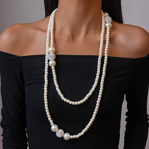 Long Double Layer Faux Artificial Pearl Necklace With Rhinestone Pave Disco Balls Elegant Vintage Beaded Jewelry For Women