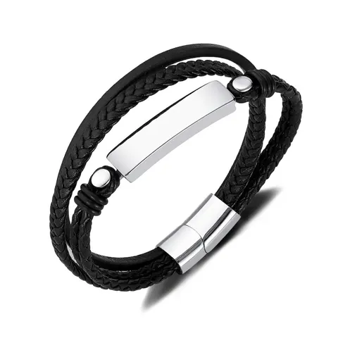 Bracciale In Pelle Intrecciata Multistrato Da Uomo Con Piastra In Metallo Inossidabile Chiusura Magnetica Vintage