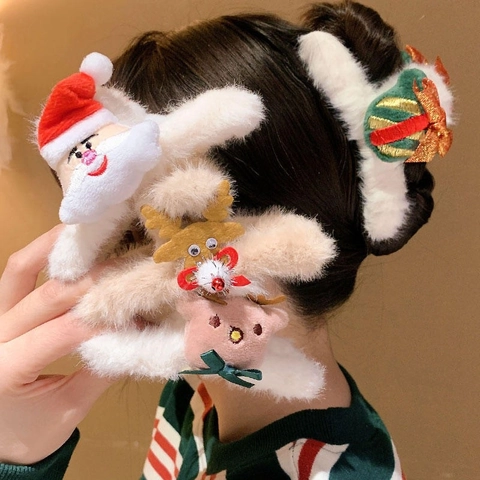 Festive Christmas Plush Hair Claw Clips Cute Santa Reindeer Elk Antler Shark Clip Resin Hair Accessories Women Girls