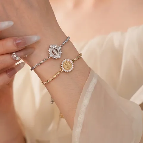 Religious Portrait Charm Bracelet Copper Cubic Zirconia Adjustable Pull String Round Virgin Mary Medal Luxury Jewelry Women