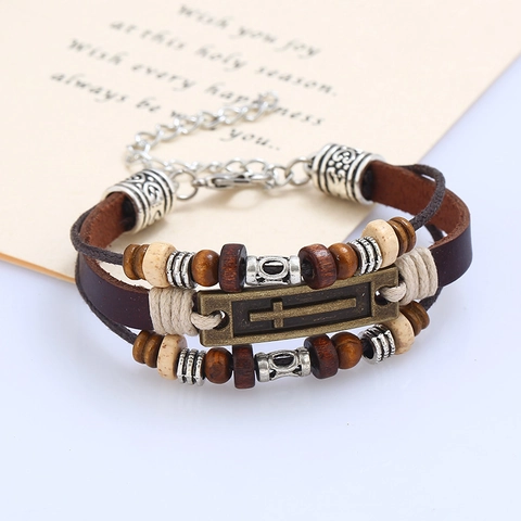 Bracciale In Pelle Multistrato Vintage Con Perline In Legno E Ciondolo A Croce In Lega Per Uomo Bracciale In Corda Di Canapa Intrecciata