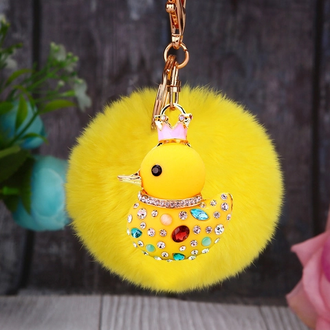 Cartoon Crown Duck Keychain With Plush Ball Rhinestone Zinc Alloy Inlaid Bag Pendant For Women Girls Cute Animal Keyring