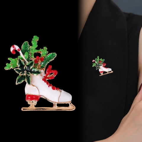Spilla Pattini da Ghiaccio di Natale per Donna Vintage Lega Smalto Strass Agrifoglio Bastoncino di Zucchero Fiocco Gioielli Festivi Regalo