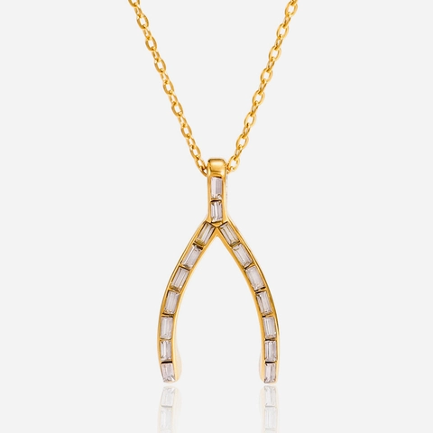 18K Gold Plated Stainless Steel Wishbone Pendant Necklace For Women Inlaid Zirconia Thanksgiving Lucky Jewelry Gift