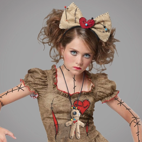 Voodoo Puppe Halloween Cosplay Stirnband Und Halskette Sackleinen Leinen Rotes Herz Kostüm Zubehör Requisiten