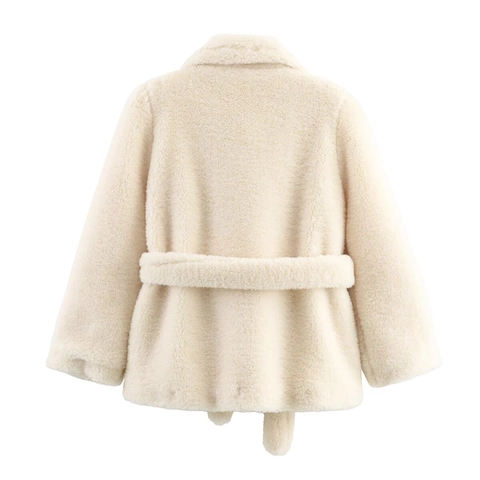 Damen Winter Kunstpelz Jacke Off White Revers Mittellang Mantel Mit Gürtel Einfarbig Warm Streetwear Oberbekleidung