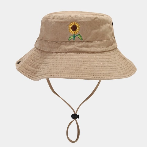 Chapeau Bob En Coton Brodé Tournesol Extérieur À Bord Large Corde Coupe-Vent Réglable Style Coréen Décontracté