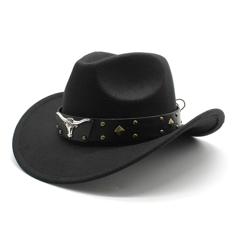 Western Cowboy Hat Vintage Felt Fedora With Leather Band Metal Bull Head Rivets Wide Brim Jazz Cap For Men Women