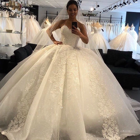 Herz Ausschnitt Schulterfrei Ballkleid Spitze Tüll Perlen Brautkleid Hochzeit Ärmellos Lang Prinzessin Elegant