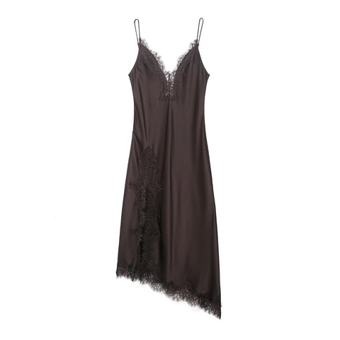 Damen Satin Unterkleid Mit Spitzenbesatz V-Ausschnitt Spaghettiträger Asymmetrischer Saum Sexy Party Schlafhemd