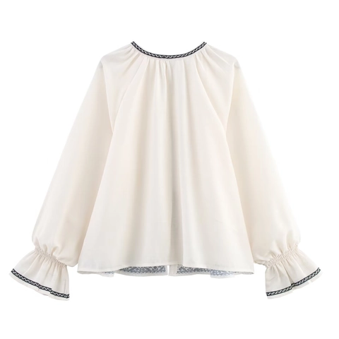 Damen Bluse Mit Ethno Stickerei Lange Laternenärmel Rundhals Off White Polyester Leinen Folk Style Oberteil