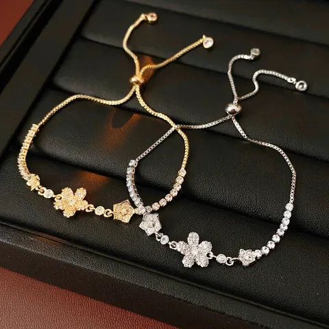 Elegant Copper Flower Star Bracelet With Sparkling Zircon Adjustable Drawstring Luxury Jewelry For Women