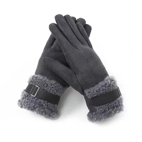 Women Winter Thermal Gloves Suede Faux Fur Trim Touchscreen Windproof Metal Buckle Thickened Fleece Lined