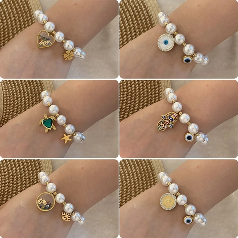 Bracelet À Künstliche Perles Evil Eye Hamsa Hand Imitation Künstliche Perle Acier Inoxydable Bijoux De Style Vacances Pour Femmes