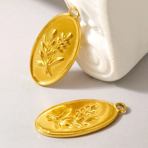 Pendente Fiore Ovale Acciaio Inossidabile 304 Vintage Rilievo Ramoscello D'Ulivo Accessorio Di Gioielleria Minimalista