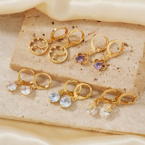 Kupfer Zirkonia Vergoldete Hängeohrringe Mit Kupferohrstecker Elegante Stern Mond Herz Schmuck Für Damen
