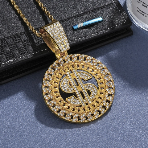 Hip Hop Iced Out Dollar Sign Pendant Necklace Zinc Alloy Full Rhinestone Men Jewelry With Cuban And Rope Chain