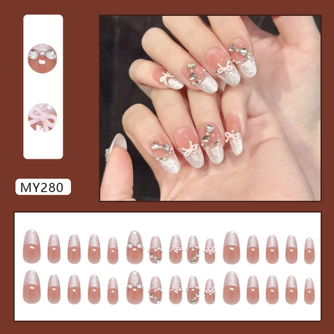 Unghie Finte Stile Francese Plastica ABS Con Fiocco 3D Strass Perla Artificial Forma Mandorla Effetto Occhio Di Gato Dolce