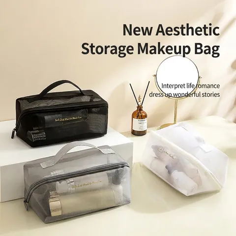Mesh Makeup Bag Nylon Large Capacity Portable Handle Travel Toiletry Pouch Transparent Minimalist Zipper Organizer