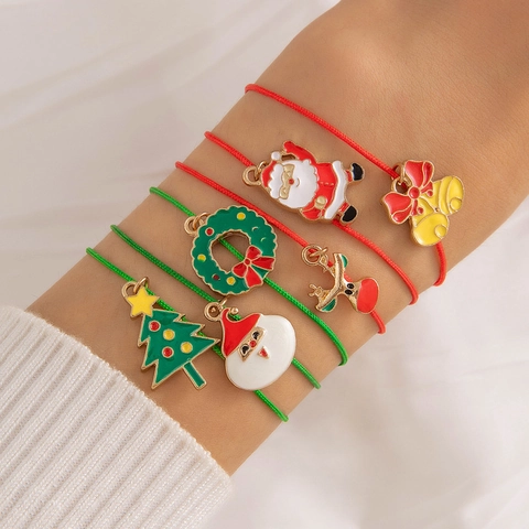 Christmas Bracelets Alloy Enamel Pendants Red Green Braided Cord Santa Reindeer Tree Festive Jewelry Adjustable Wristband