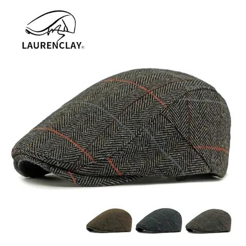 British Vintage Herringbone Wool Blend Flat Cap For Men Winter Warm Newsboy Cap Middle Aged Plaid Beret Hat Adjustable Ivy Cap