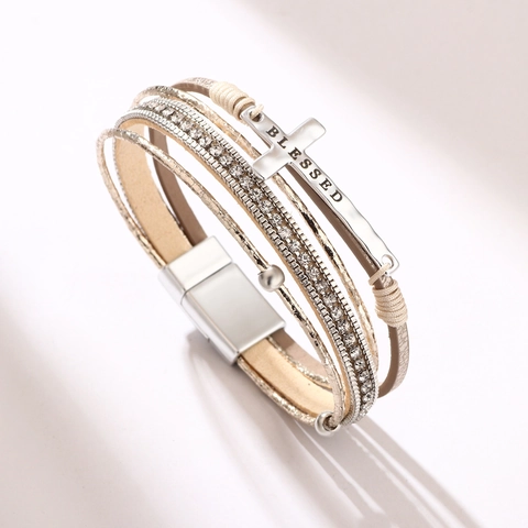 Boheemse Meerlaagse Armband PU Leer Legering Strass Magneetsluiting Kruis Levensboom Hart Oneindigheid Charm Vrouwen