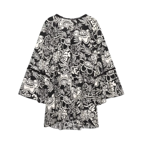 Dames Midi Jurk Met Bloemenprint Uitlopende Mouwen Strikkraag Lange Mouwen Boho Casual Losse Pasvorm Polyester