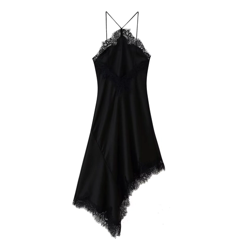 Elegantes Schwarzes Satin Midikleid Mit Spitzensaum Neckholder Unregelmäßiger Saum Ärmellos Rückenfrei Sexy Partykleid