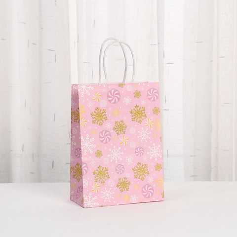 Pink Christmas Kraft Paper Gift Bags Santa Snowman Reindeer Pattern Handheld Holiday Party Favor Candy Packaging Bag