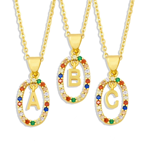 Collier Pendentif Lettre Initiale Cuivre Zircone Cubique Colorée Ovale Personnalisé Bijoux Hip Hop Pour Femmes