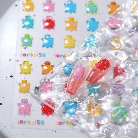Pegatinas Uñas 5D Relieve Dibujos Animados Tortuga Colorida Patrón Relieve 3D Calcomanías Manicura DIY Para Mujeres Niñas Lindo Novedad