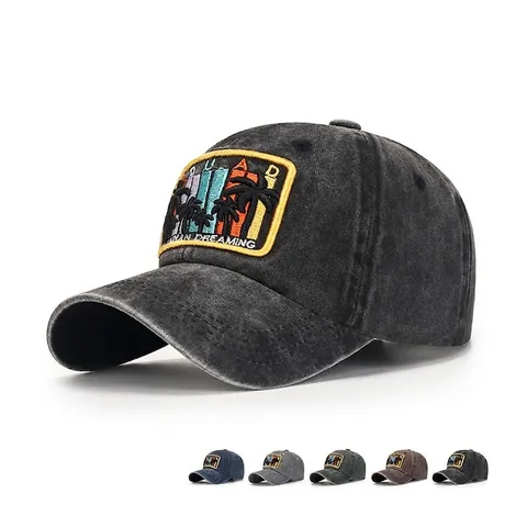 Cappello Da Baseball In Cotone Lavato Stile Vintage Distressed Patch Ricamata Palma Tropicale Regolabile Per Uomo Donna