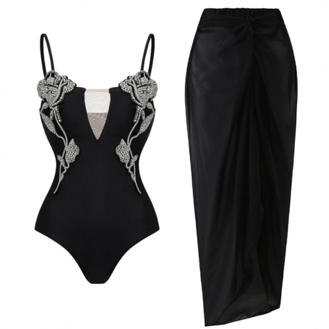 Costume Da Bagno Intero Con Rosa Di Strass Scollo A V Profondo Patchwork In Mesh E Gonna A Portafoglio Lunga Per Donne Mare