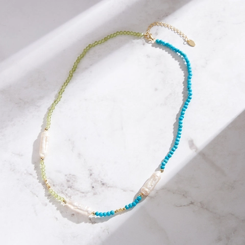 Baroque Freshwater Pearl Turquoise Peridot 925 Sterling Silver Beaded Necklace For Women Vintage Handmade Gold Plated Adjustable Jewelry