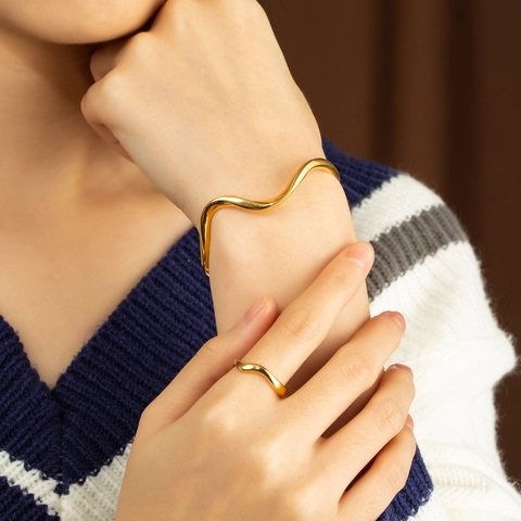 Minimalist Stainless Steel Wavy Ring And Bangle For Women Adjustable Open Mirror Polished INS Style Jewelry