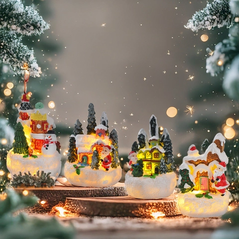 Weihnachten LED Leuchtende Harz Haus Miniatur Weihnachtsmann Schneemann Schreibtisch Dekoration Winter Dorf Szene