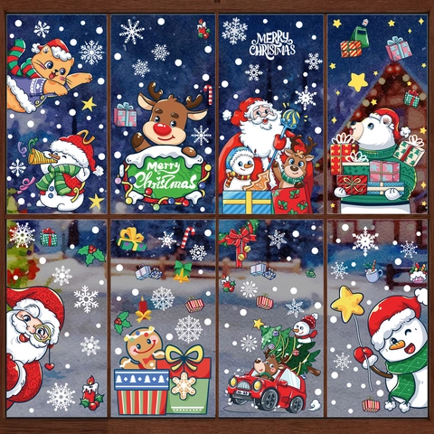 Christmas Window Clings PVC Static Stickers Double Sided Cartoon Santa Snowman Reindeer For Glass Showcase Decor
